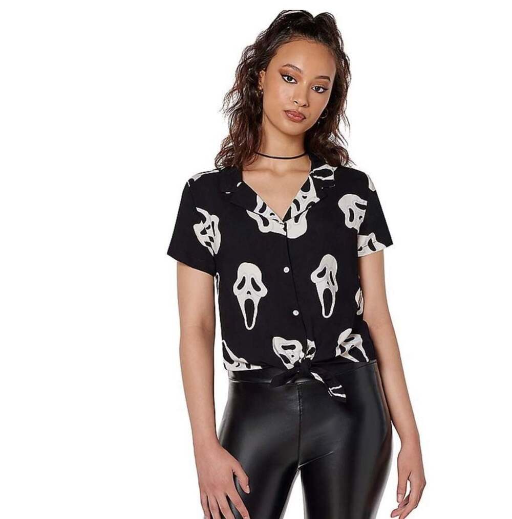 Ghost Face The Icon of Halloween Black Short Sleeve Tie Front Button Up Top